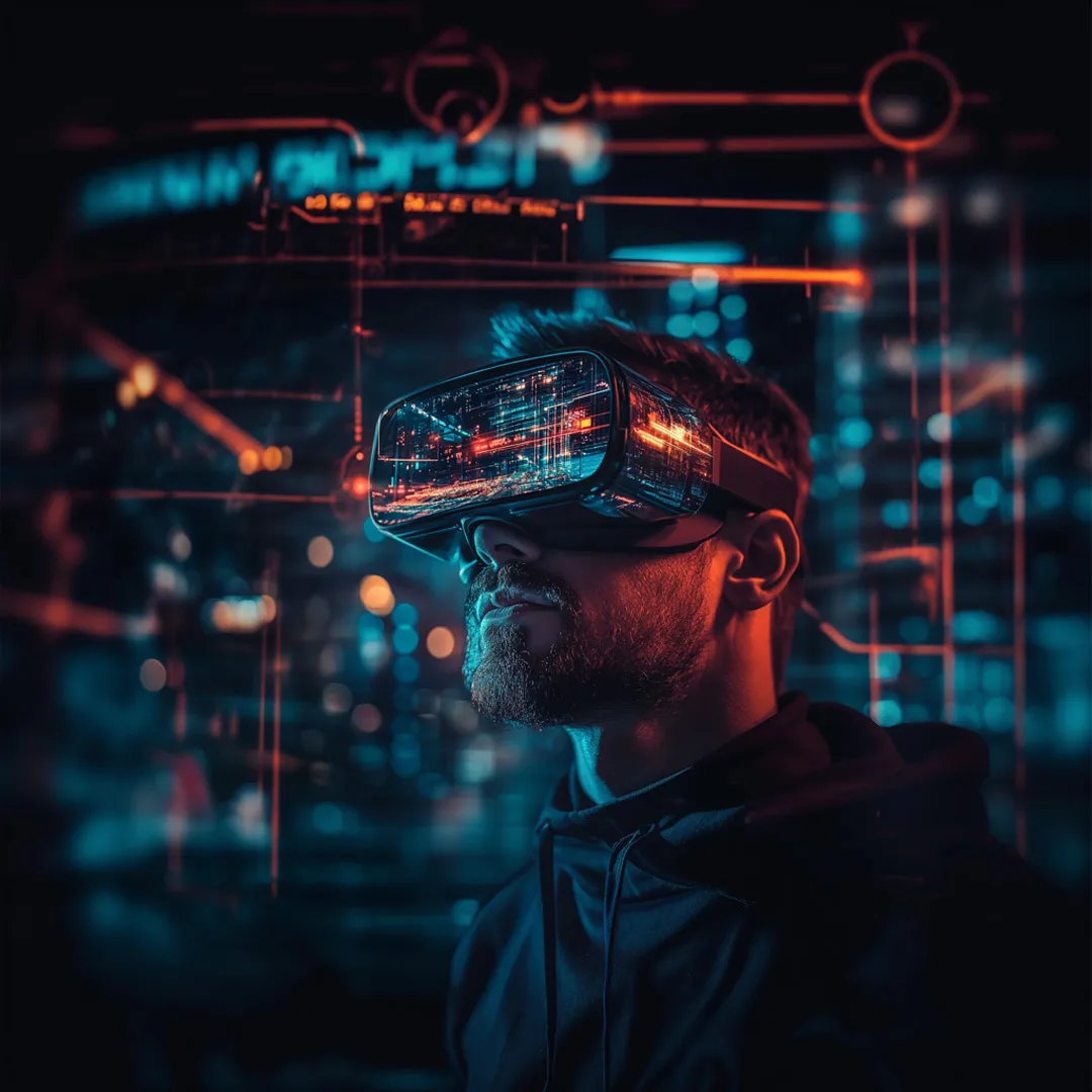 Mann mit VR-Brille blickt in leuchtende Datenebenen — Sichtbarkeit in Google und in den Antworten der KI mit SEO Genie
